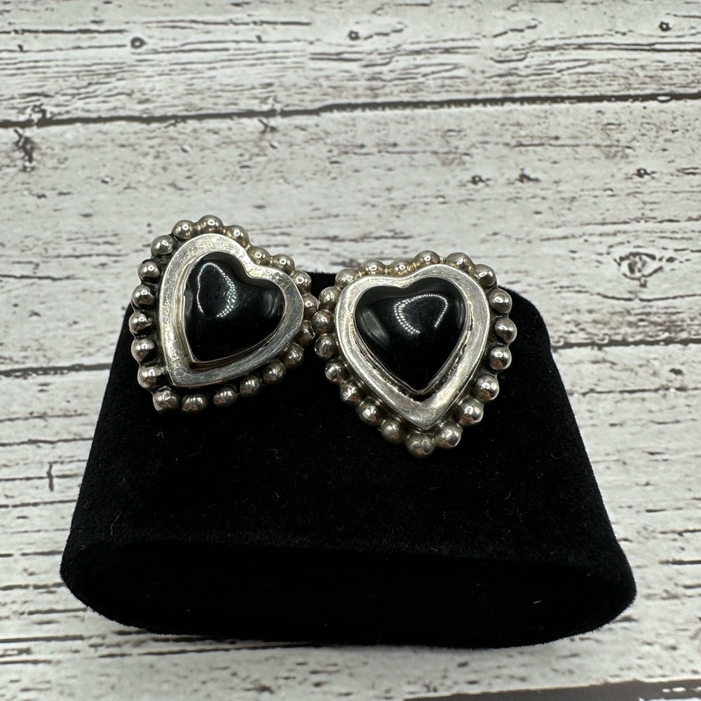 Heart-Shaped Black Onyx and Silver Earrings
